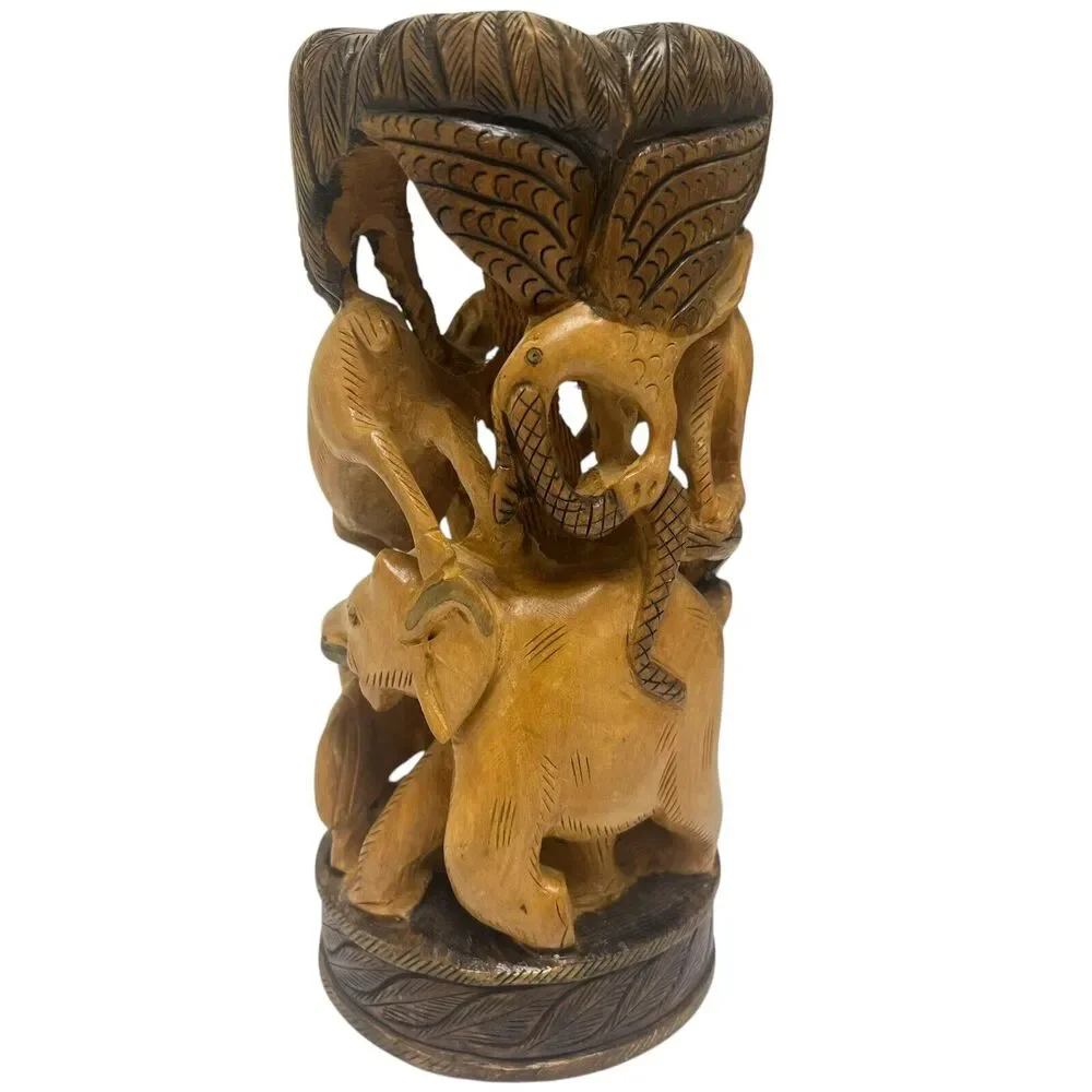 Vintage Hand Carved Round Hunting Shikar‎ Wooden Figurine Animals Forrest